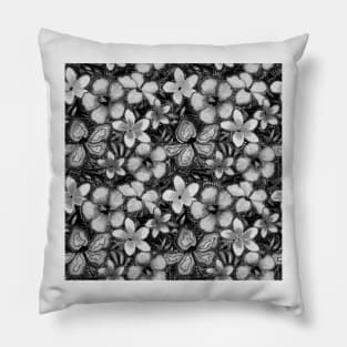 Tropical Flowers Hibiscus and Frangipani Black and White Pillow