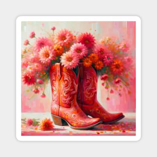 Preppy cowgirl pink heeled boots with flowers art Magnet