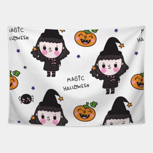 Cute Halloween witch cartoon kawaii design Tapestry