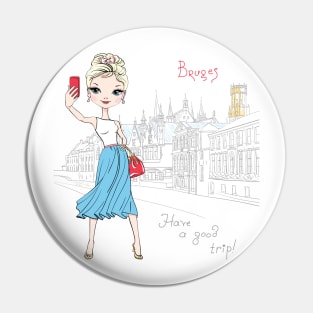 Cute girl makes selfie in Bruges Pin