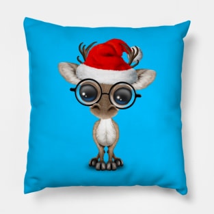 Baby Reindeer Wearing a Santa Hat and Glasses Pillow