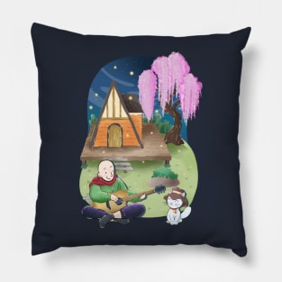 Cozy A frame cottage, man, cat, guitar at night, sakura willow tree Pillow