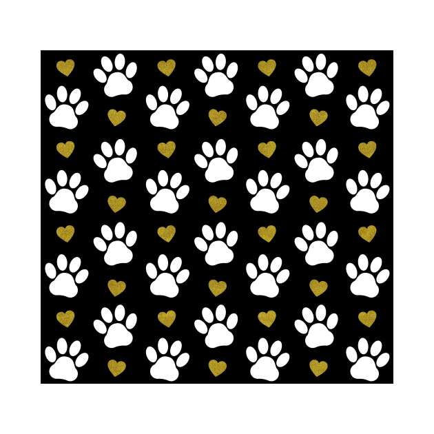 Pattern Of Paws, Dog Paws, White Paws, Gold Hearts by Jelena Dunčević