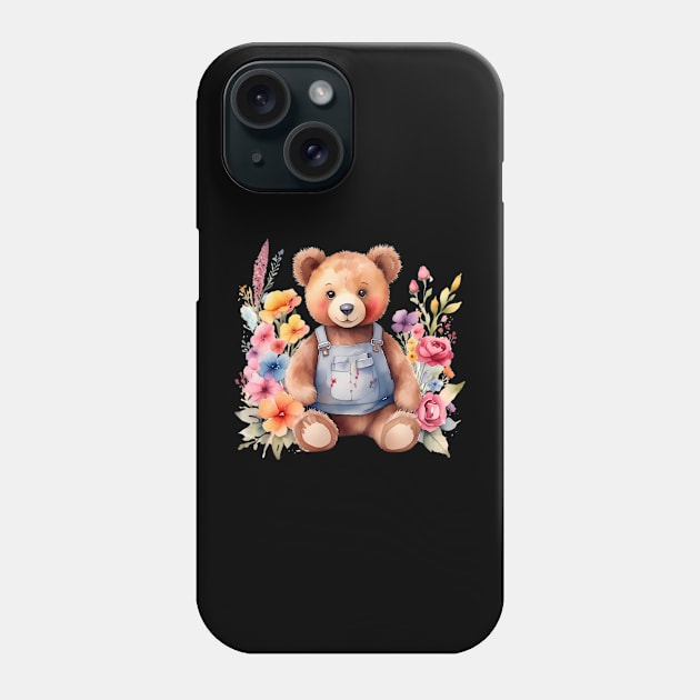 A teddy bear decorated with beautiful watercolor flowers Phone Case by CreativeSparkzz