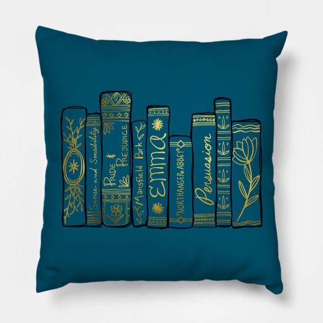 Jane Austen Bookshelf No.3 Gold Pillow by LuckyJuniperCo