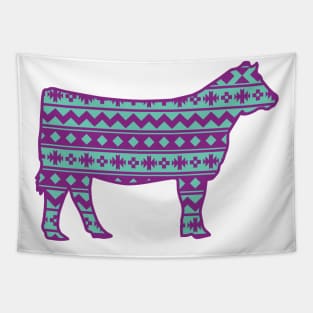 Livestock Show Heifer with Purple & Blue Southwest Aztec Pattern Tapestry