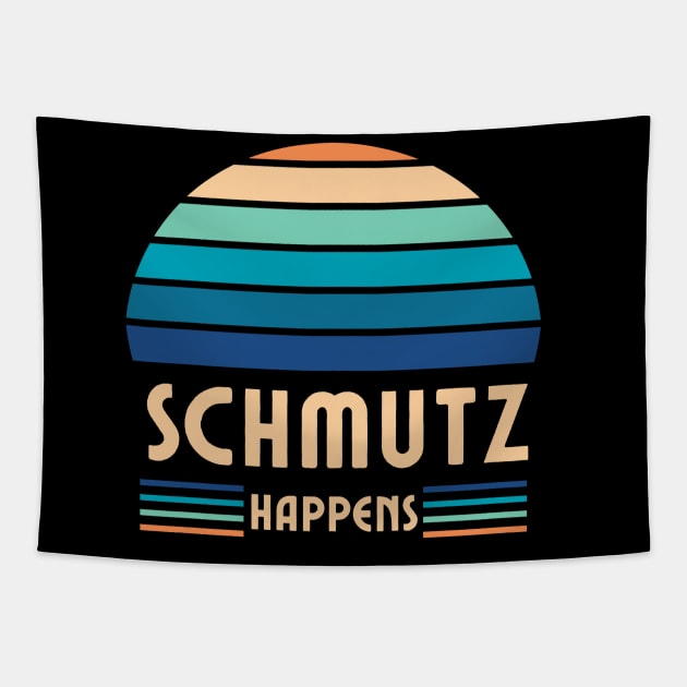 Schmutz Happens, Jewish Humor, Funny Yiddish, Retro Sunset Tapestry by ProPod