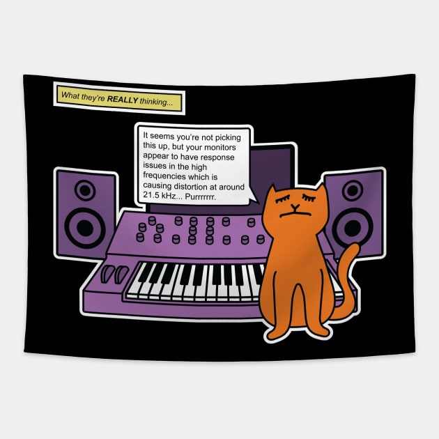 Cat on Music Studio Desk with Analogue Synthesizer Tapestry by Atomic Malibu