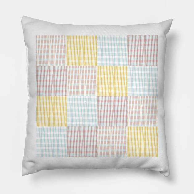 Modern Gingham Checker | pastel pink, blue, and yellow Pillow by Ipoole