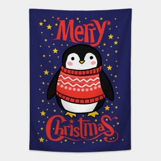 Merry Christmas a cute penguin illustration Tapestry