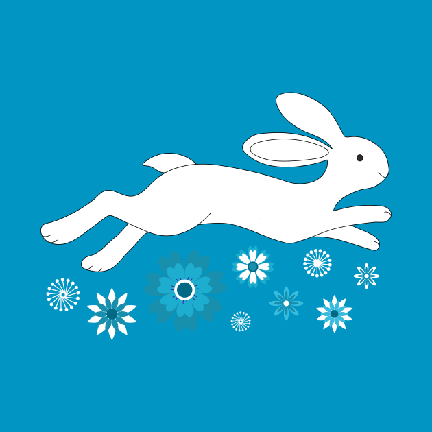 Water Rabbit with Chinese flowers - Lunar New Year - white, teal and navy - by Cecca Designs by Cecca