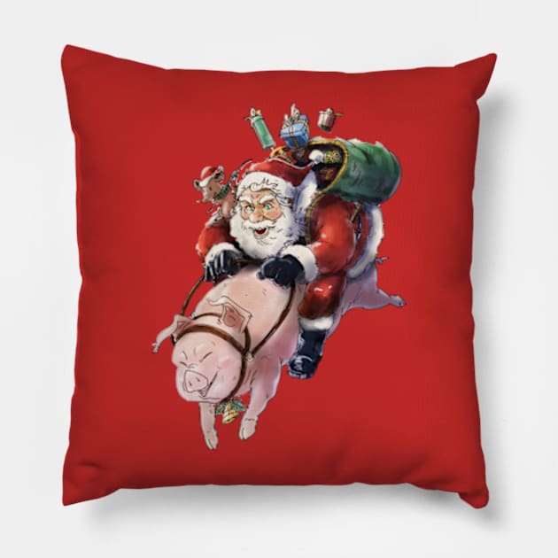 Santa Claus riding on Pig, Christmas Pillow by Petko121212