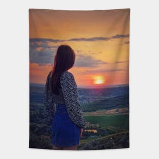 girl watching the sunset Tapestry