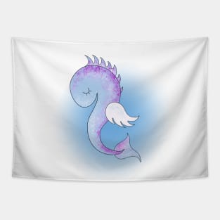 Sleepy purple seahorse on white and blue background. Design. Tapestry