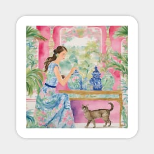 Girl in preppy dress and her cat in chinoiserie interior Magnet