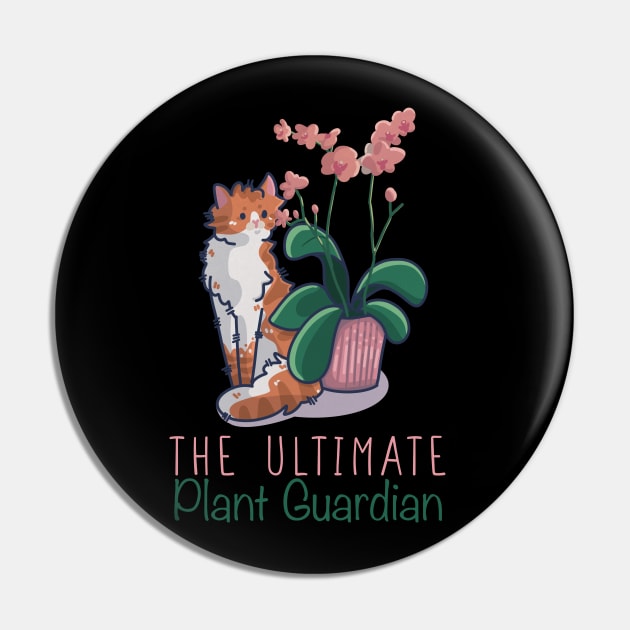 The Ultimate Plant Guardian - Orange and white cat with orchid Pin by Feline Emporium