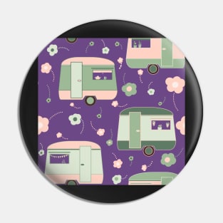 Repeat pattern of vintage caravans and daisies in pastel pinks and greens on purple Pin