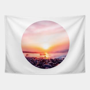 Summer Sunset Bringing Out Shades Of Pink, Gold And Orange In The Sky, Ocean And Beach Pebbles Tapestry