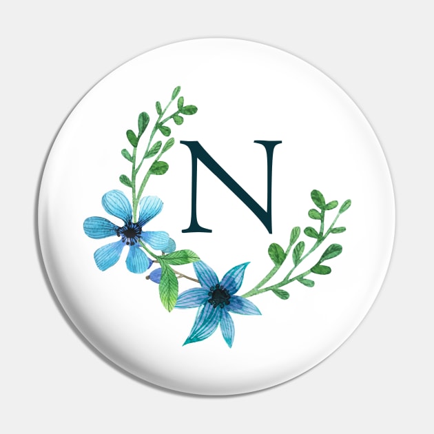 Floral Monogram N Pretty Blue Flowers Pin by floralmonogram