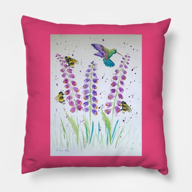 Hummingbird, bumble bee and foxglove Pillow by Casimirasquirkyart