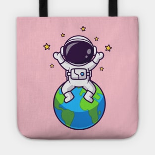 Cute Astronaut Sitting On Earth With Star Cartoon Tote