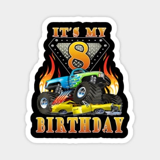 Kids Monster Truck 8 Year Old Shirt 8Th Birthday Boy Monster Car Magnet