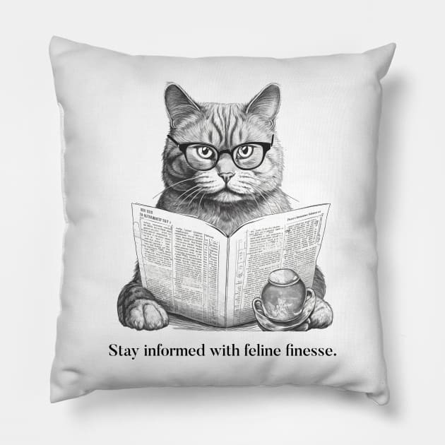 Cat reading paper Pillow by Tees of Joy