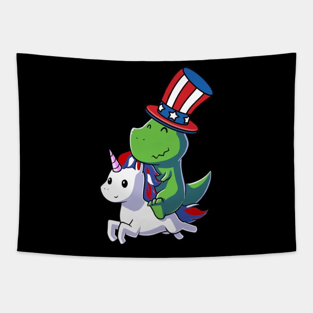 Dinosaur T-Rex Dinosaur Unicorn 4th of July American Flag Tapestry by Studio Hues
