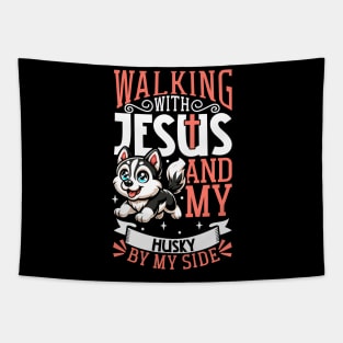 Jesus and dog - Siberian Husky Tapestry