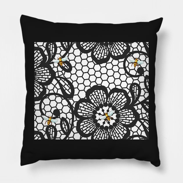 Black and White Flowers and Bees Pillow by gillys