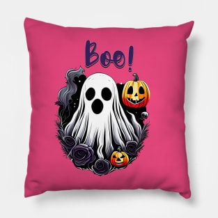 Cute Boo Halloween Ghost with Pumkins and Roses Pillow