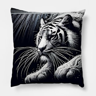 Monochromatic Outline Tiger Swimming in Water Portrait Pillow