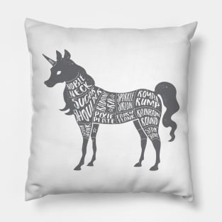 Unicorn - Fantasy Butcher Cuts of Meat - Gray on Black Pillow