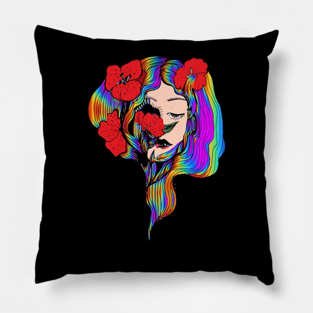 Girl with rainbow hair Pillow by cloudymoon