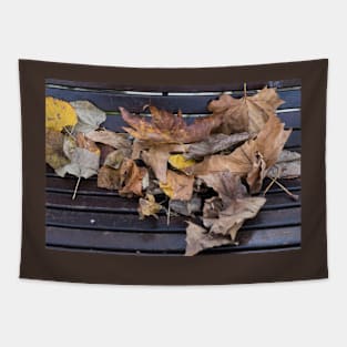 Yellow and orange fallen autumn leaves on wooden bench Tapestry