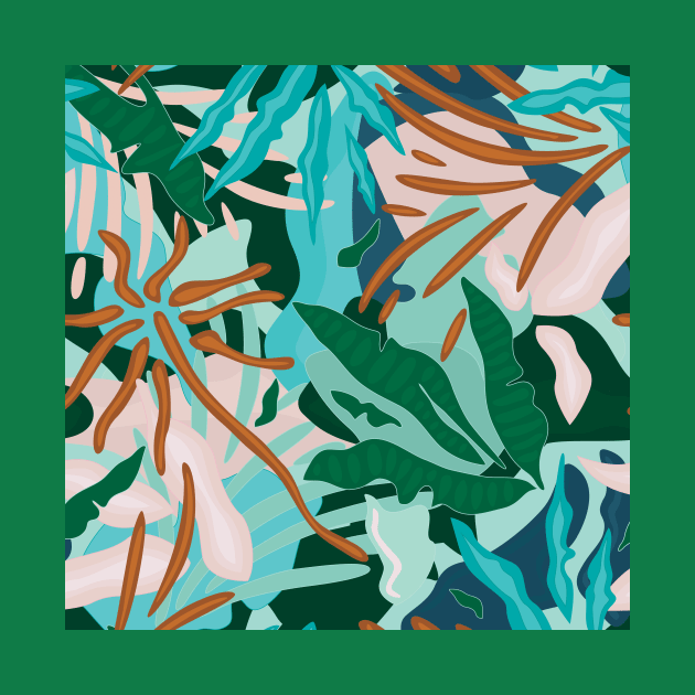 Abstract Tropical Jungle / Turquoise, Green, Sand and Light pink by matise