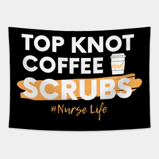 Top Knot Coffee and Scrubs white text design Tapestry