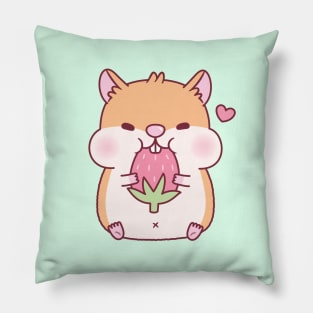 Cute Chubby Hamster Munching On Strawberry Pillow