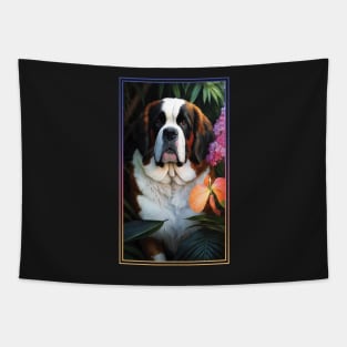 Saint Bernard Dog Vibrant Tropical Flower Tall Digital Oil Painting Portrait Tapestry