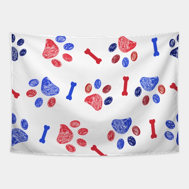 Blue and red doodle paw prints Tapestry by GULSENGUNEL