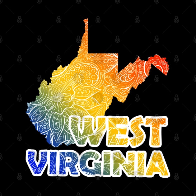 Colorful mandala art map of West Virginia with text in blue, yellow, and red by Happy Citizen