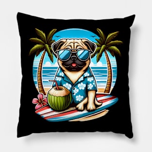 Funny Pug with Sunglasses on a Surf Board Pillow