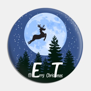 Classic sci-fi movie christmas style design, Reindeer flies above the woods Pin