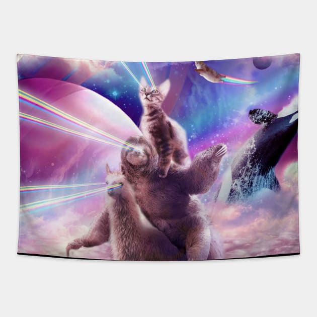 Laser Eyes Space Cat On Sloth Llama - Rainbow Tapestry by Random Galaxy