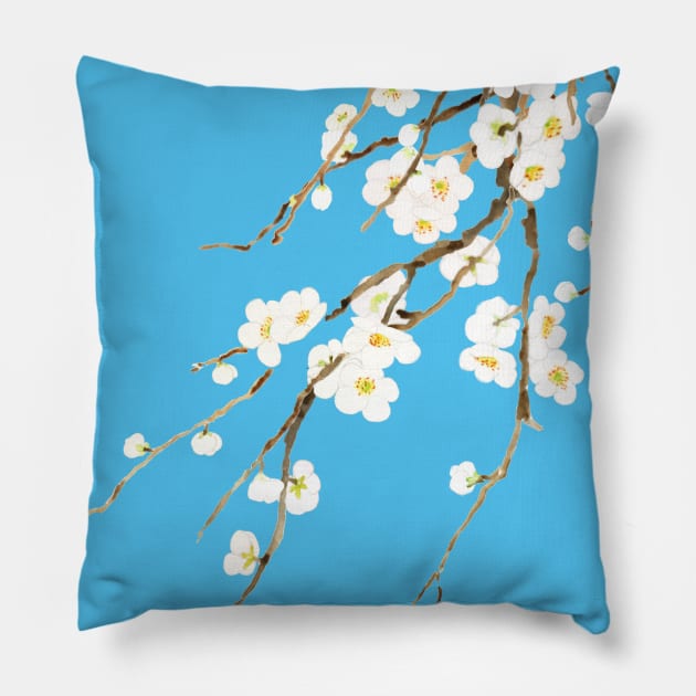 white plum flowers blossom in blue background watercolor Pillow by colorandcolor