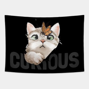 cute cat and butterfly in curious paper hole illustration Tapestry