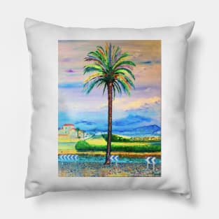 Palm tree on the canal in Empuriabrava Pillow