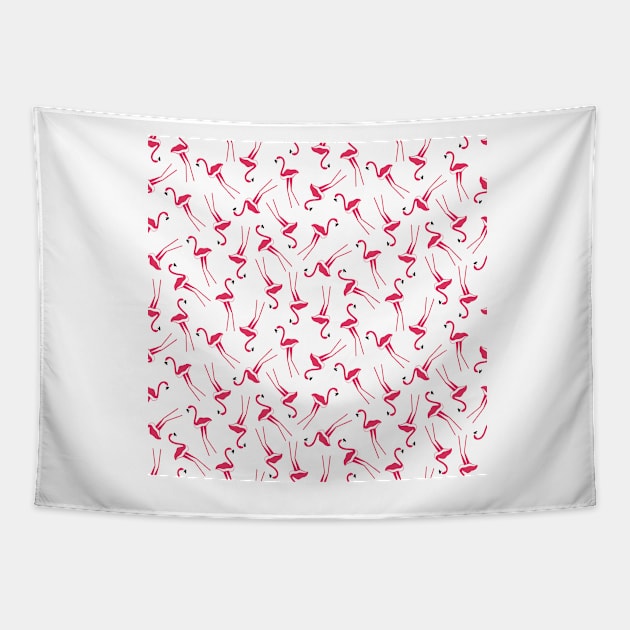 Repeating pattern with pink flamingos on white background Tapestry by SooperYela