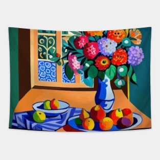 Still Life Painting with Colorful Flowers in a Blue Vase Tapestry