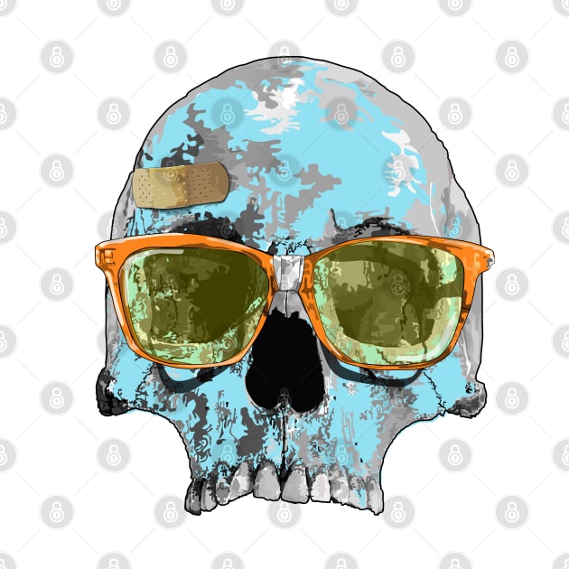 Turquoise skull with plaster bandage and broken sun glasses by M[ ]
